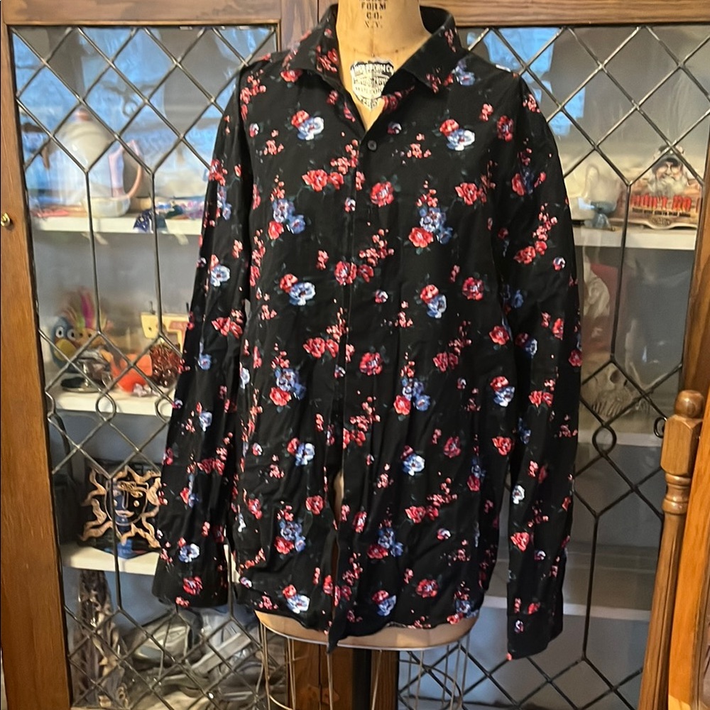 Express Black Floral Dress Shirt with Red and Blue Flowers